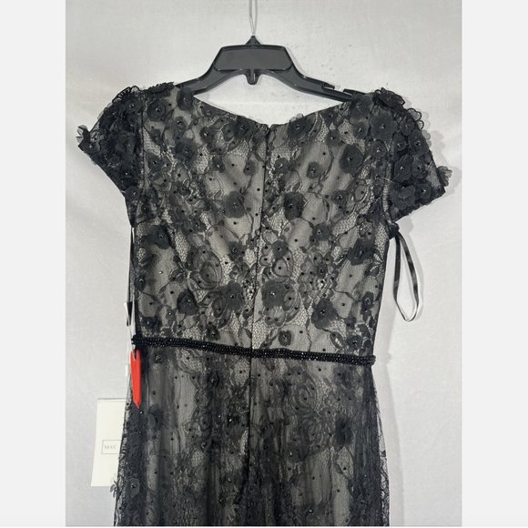 NEW $598 Mac Duggal [ 4 ] Floral Appliqué Boat Neck Short Sleeve Gown Black Q546 - Picture 9 of 16